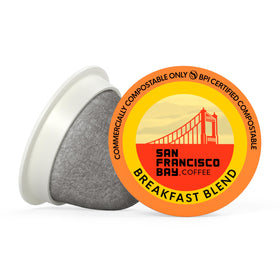 San Francisco Bay Breakfast Blend commercially compostable pods and packaging.