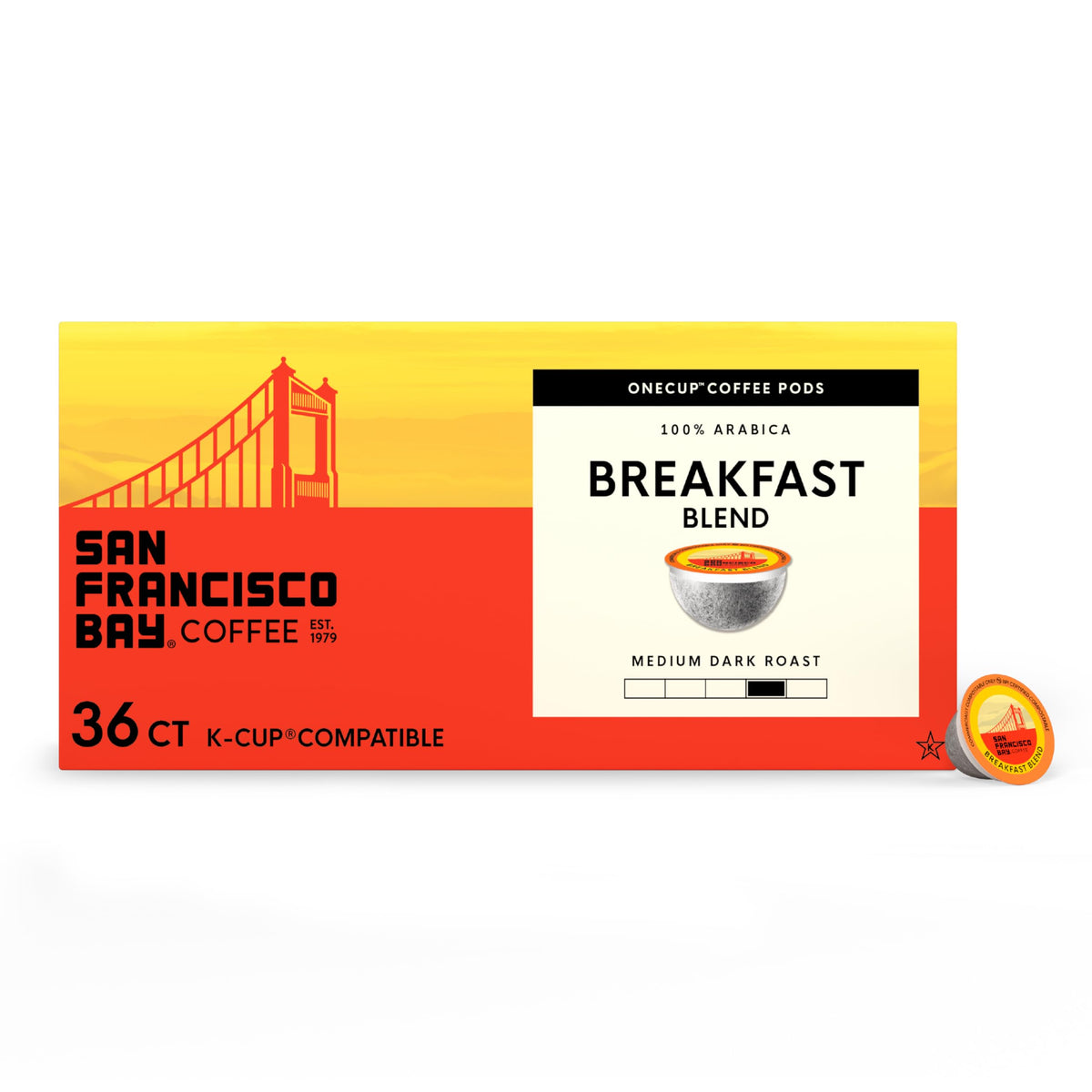 San Francisco Bay Breakfast Blend pod packaging for quick mornings.