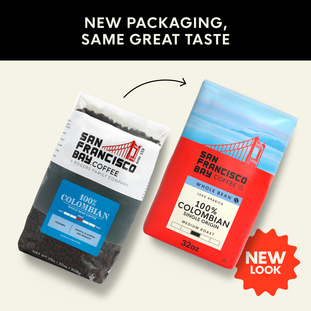 San Francisco Bay Coffee Colombian Supremo beans ready for grinding into fresh grounds.