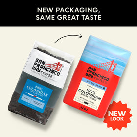 San Francisco Bay Coffee Colombian Supremo beans ready for grinding into fresh grounds.