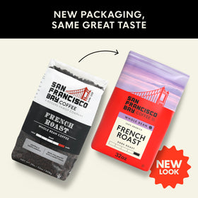 San Francisco Bay French Roast bag back with origin and sustainability notes.