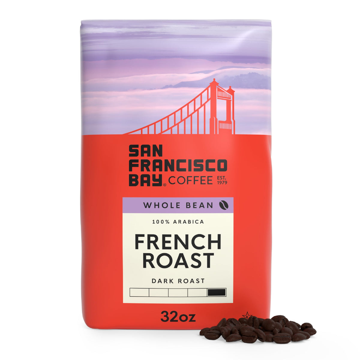 San Francisco Bay French Roast bag front showing bold labeling and aroma hints.
