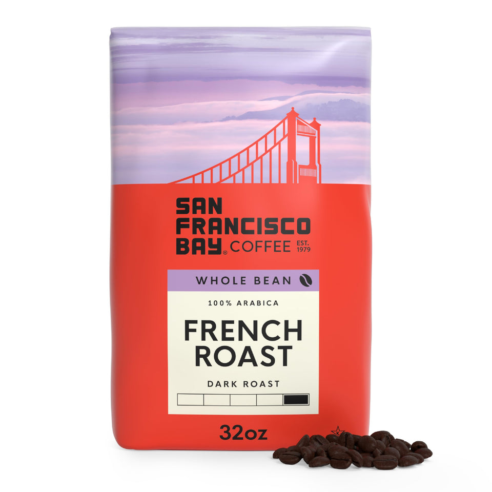 San Francisco Bay French Roast bag front showing bold labeling and aroma hints.