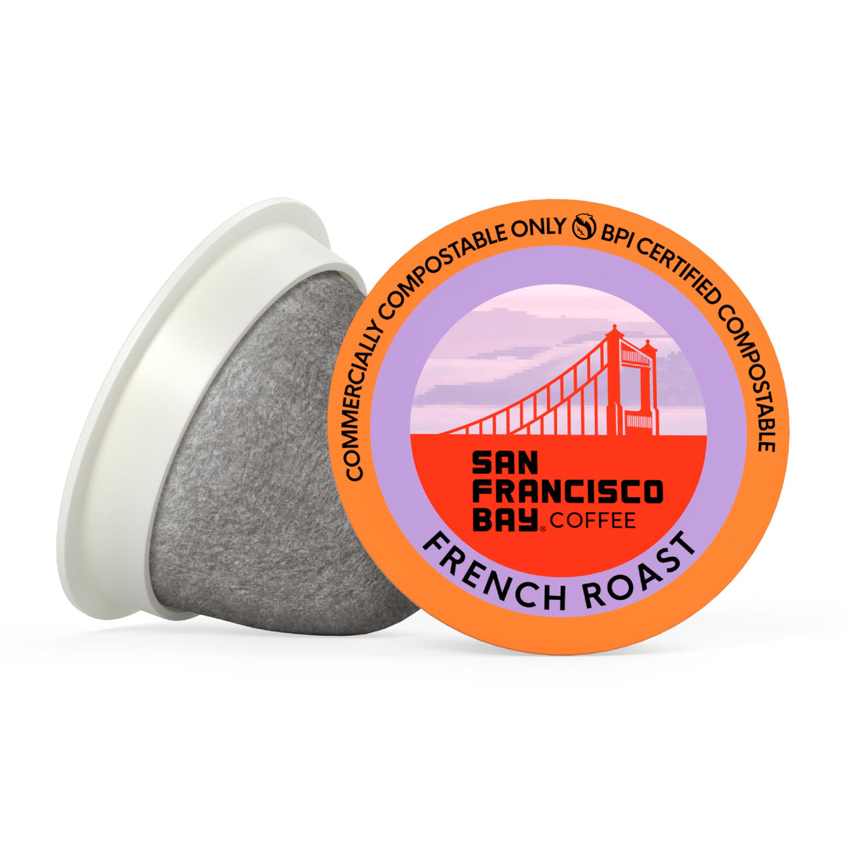 Compostable pod material with San Francisco Bay branding