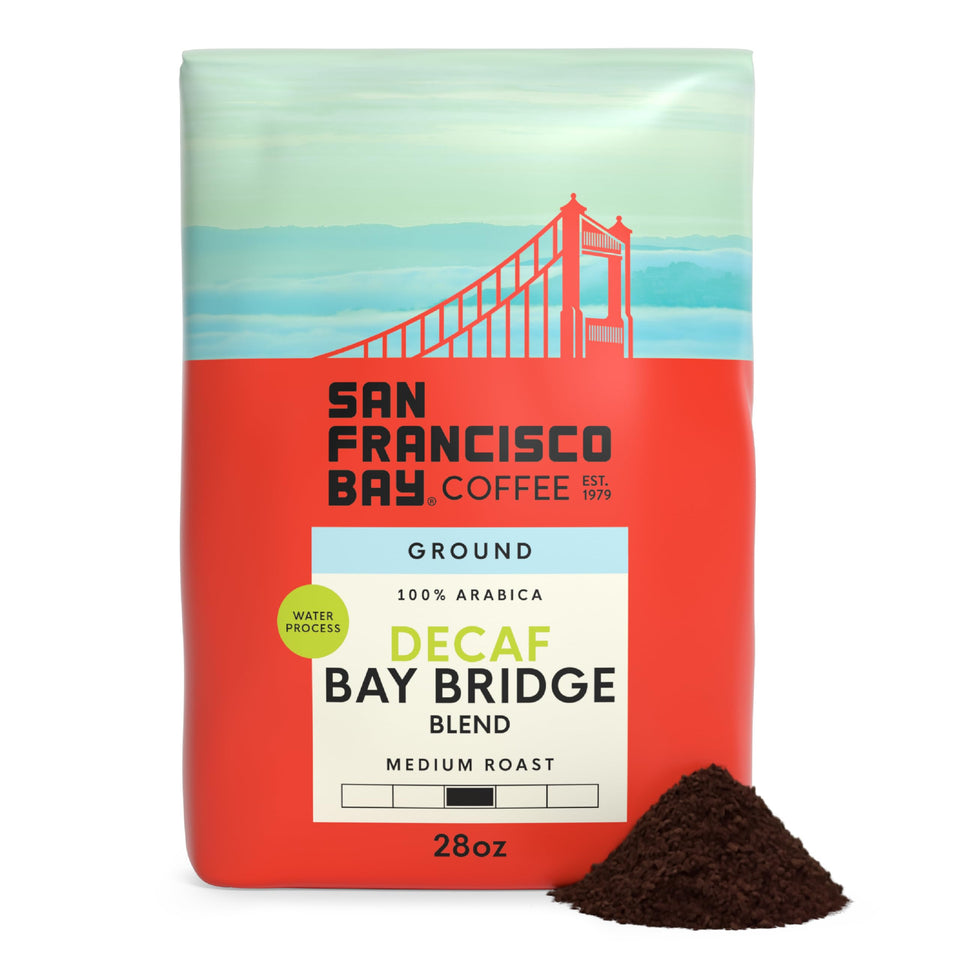 San Francisco Bay Decaf Bay Bridge Blend bag showing smooth, caffeine-free flavor
