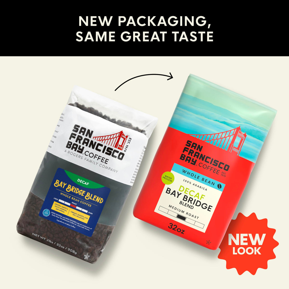 San Francisco Bay Bay Bridge Blend decaf cup-ready with bright, smooth finish.