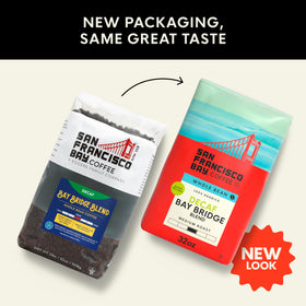 San Francisco Bay Bay Bridge Blend decaf cup-ready with bright, smooth finish.