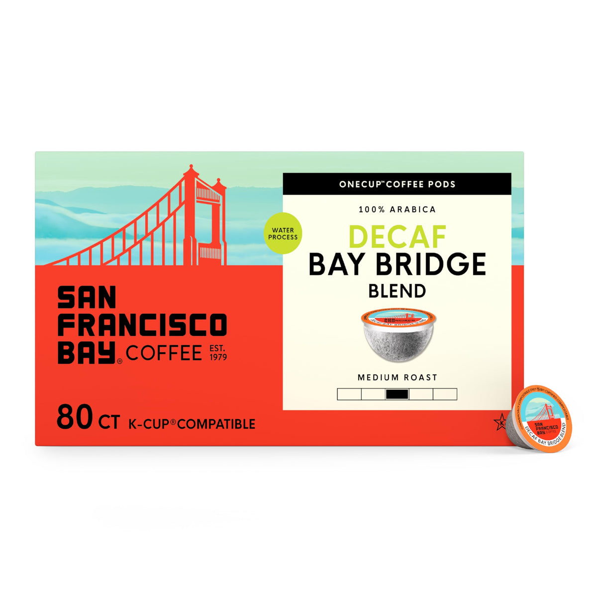 San Francisco Bay Decaf Bay Bridge Blend pod for a smooth caffeine-free morning.