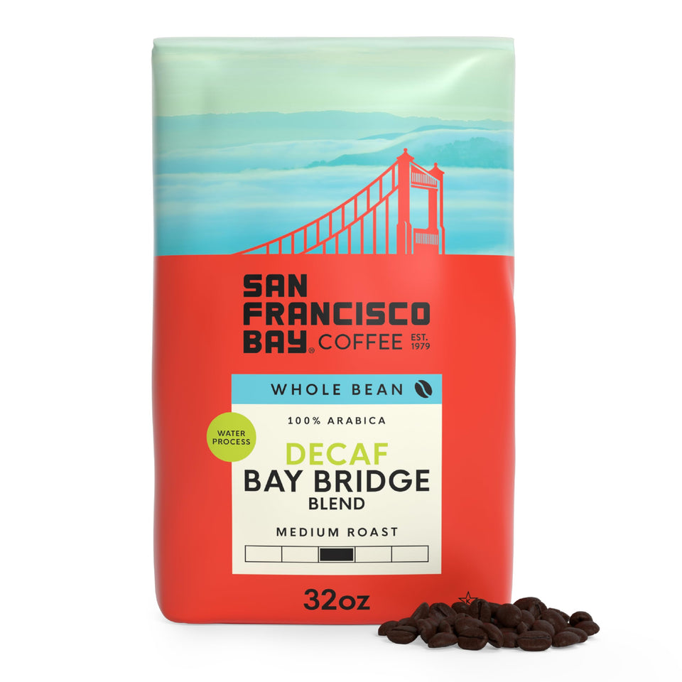 San Francisco Bay decaf Bay Bridge Blend whole-bean bag with cocoa-berry aroma.