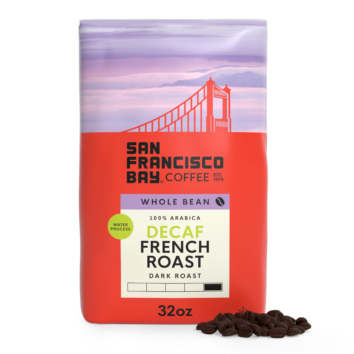 San Francisco Bay decaf French Roast bag with bold aroma and smooth finish for daily coffee