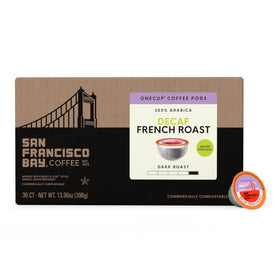 San Francisco Bay decaf French Roast cup with aromatic profile in focus
