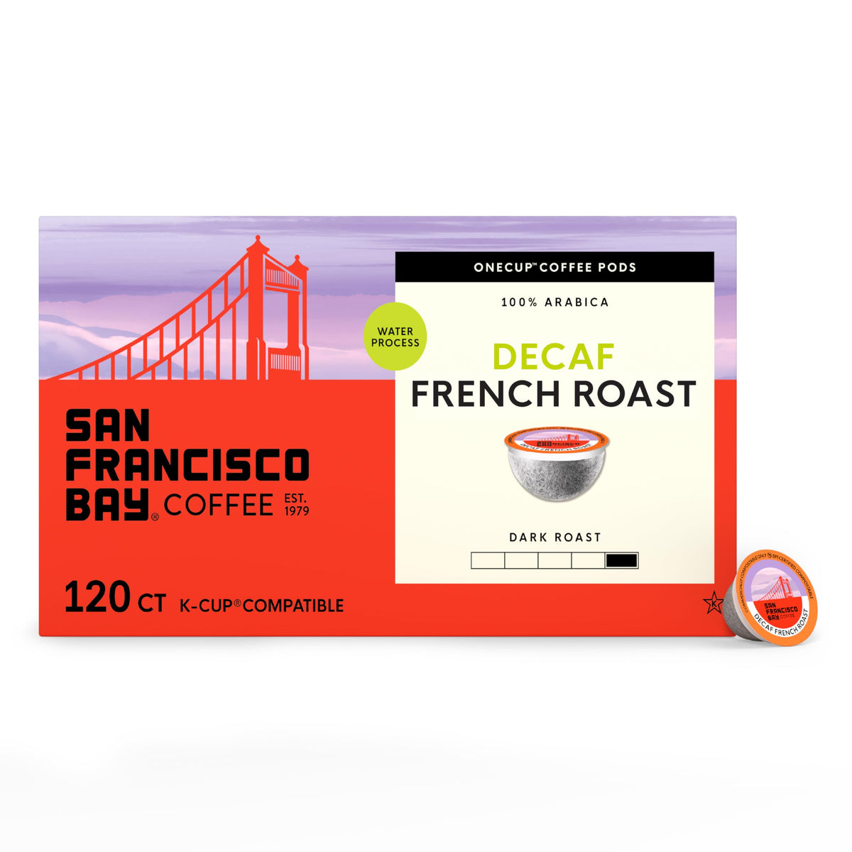 San Francisco Bay Decaf French Roast K-Cup pod for caffeine-free mornings with bold flavor.