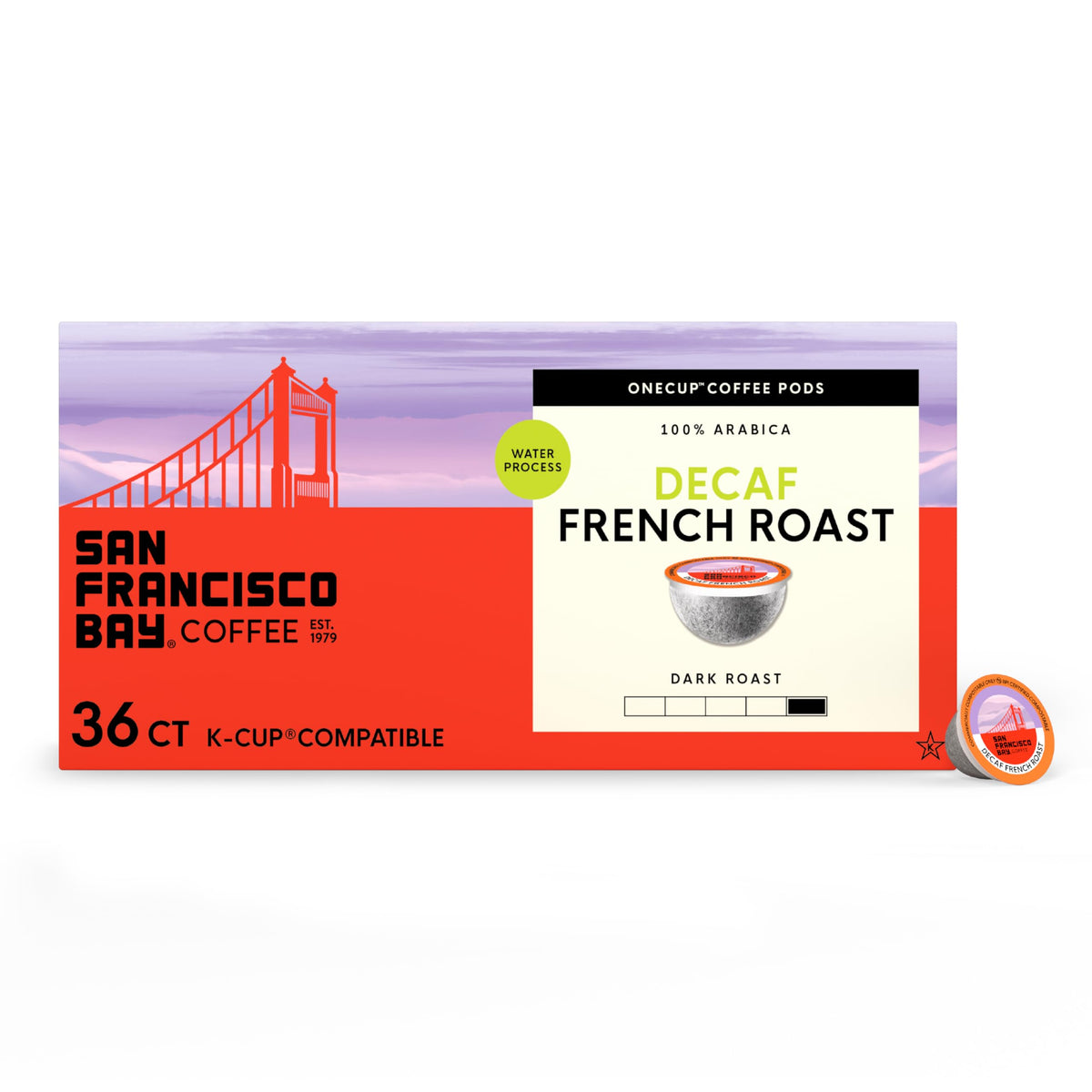 San Francisco Bay decaf French Roast pod, rich aroma for a smooth afternoon pick-me-up.