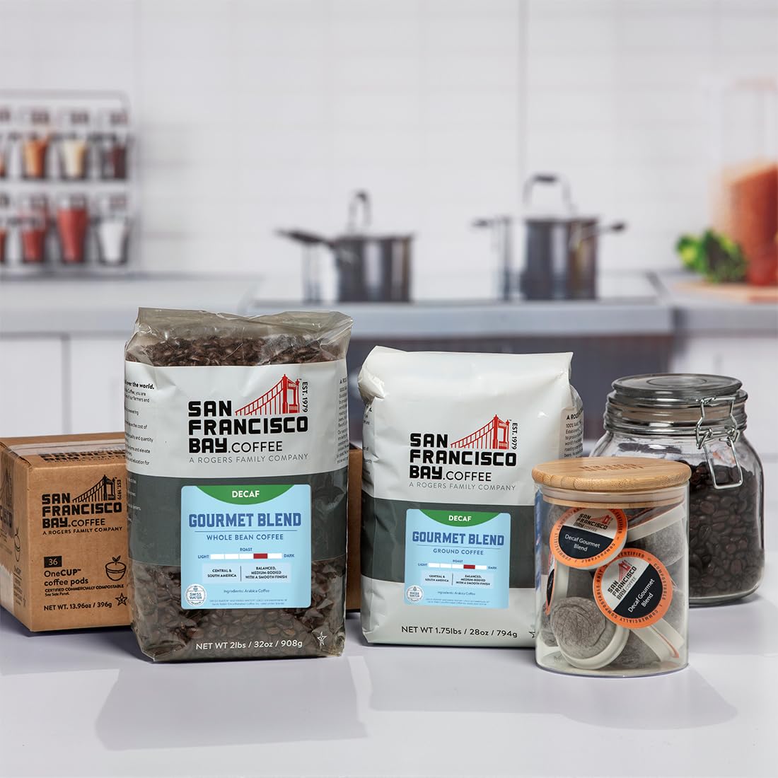 San Francisco Bay Decaf Gourmet Blend packaging close-up for 2-lb bag display