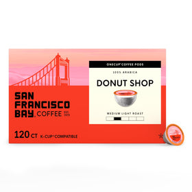 San Francisco Bay Donut Shop K-Cup pods packaging shows eco-friendly design for sustainability