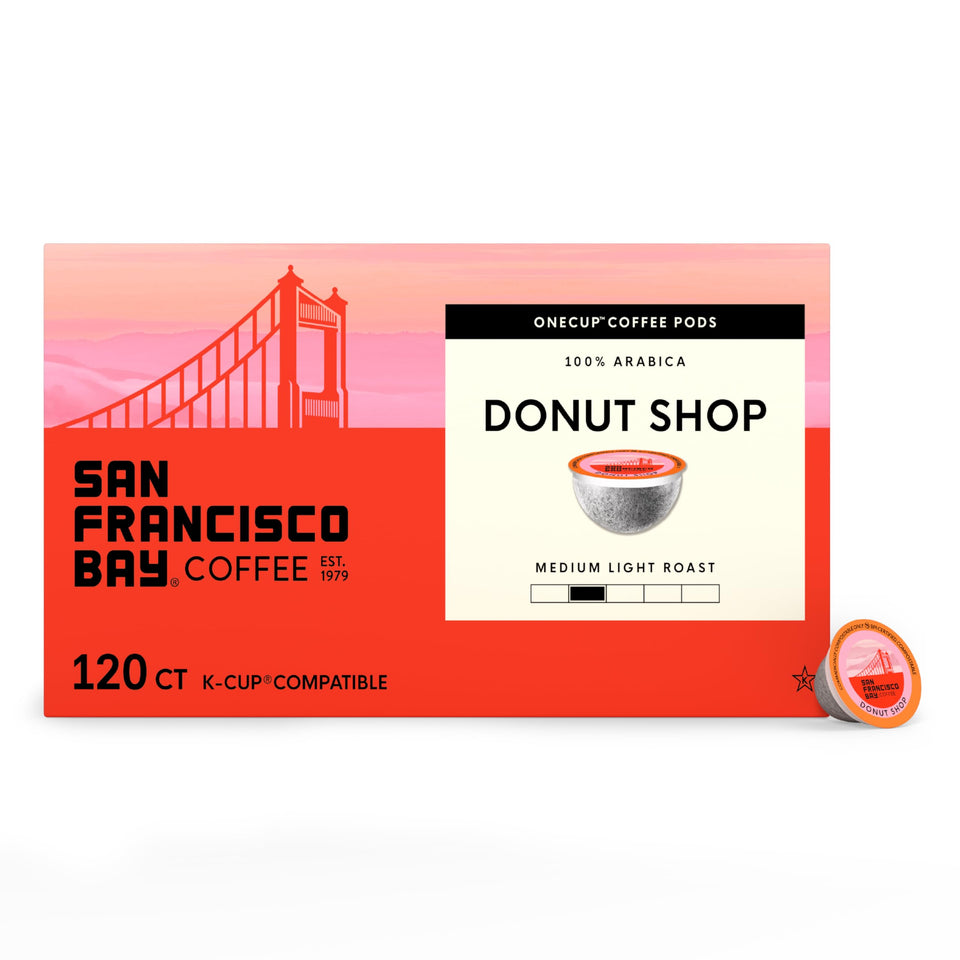San Francisco Bay Donut Shop K-Cup pods packaging shows eco-friendly design for sustainability