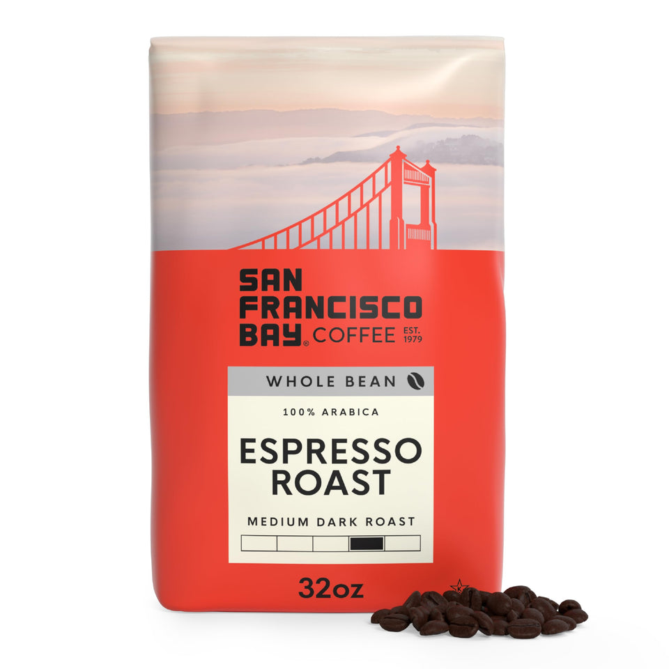 San Francisco Bay Espresso Roast bag ready for home brewing and rich aroma.