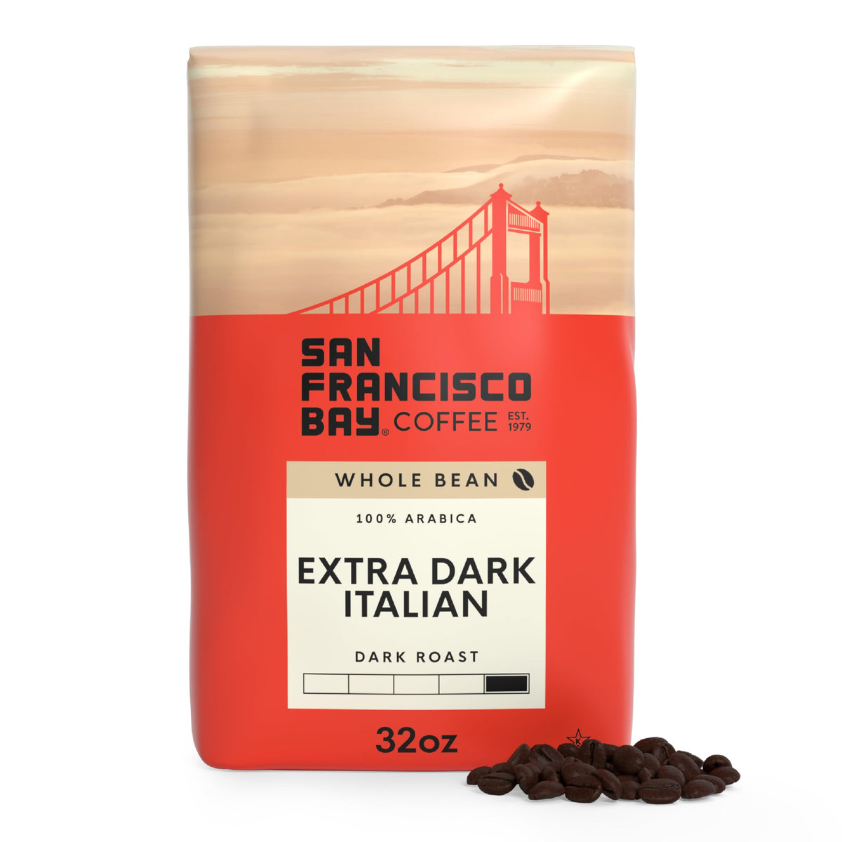San Francisco Bay Extra Dark Italian beans ready for grinding for a bold, aroma-rich cup.