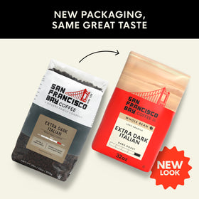 San Francisco Bay Extra Dark Italian coffee bag highlighting sustainable sourcing for a rich brew.