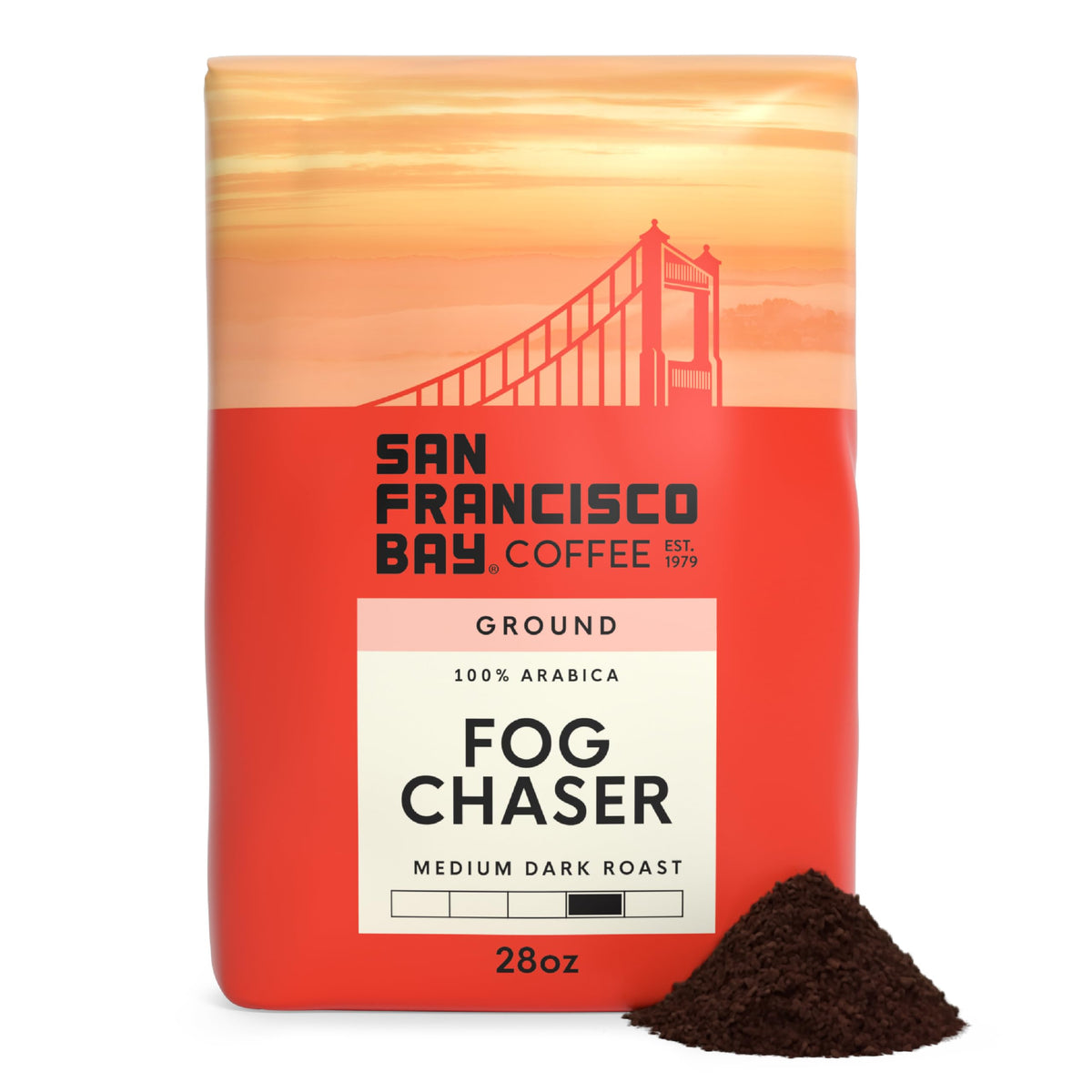 San Francisco Bay Fog Chaser 28 oz bag with bold aroma for a smooth morning.