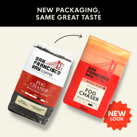 San Francisco Bay Fog Chaser beans close-up highlighting 100% Arabica quality.
