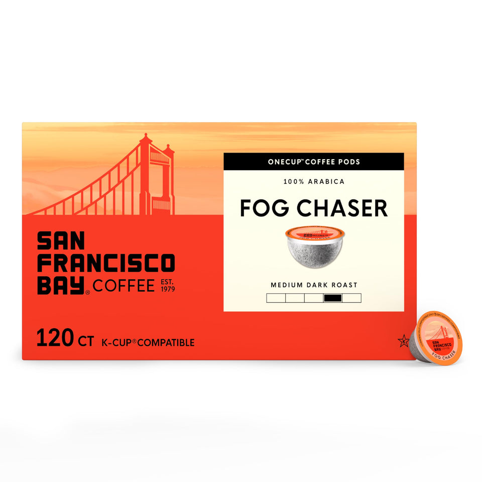 San Francisco Bay Fog Chaser coffee pod: smooth medium-dark roast, ideal for busy mornings.