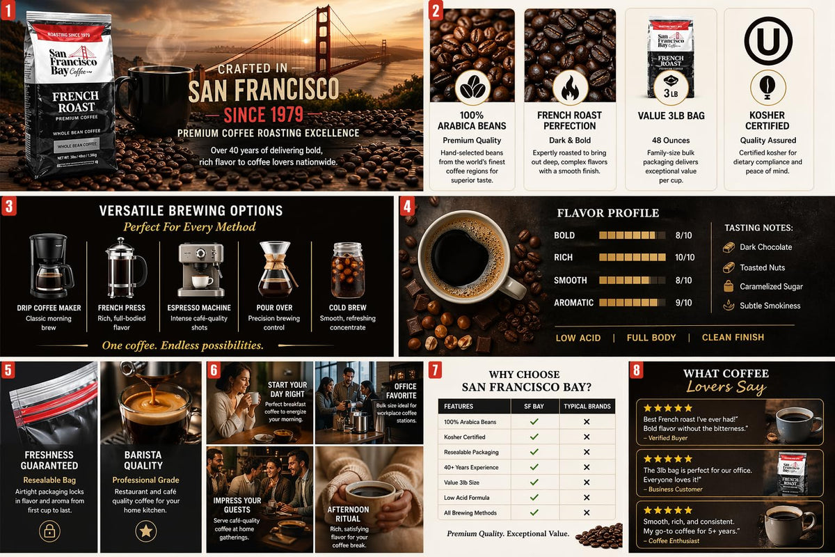San Francisco Bay French Roast beans with glossy oil for bold flavor.