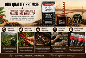 Steam rises from a cup of San Francisco Bay French Roast.