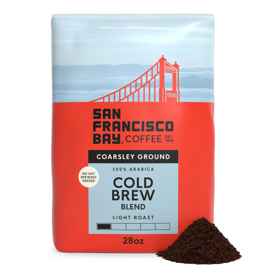 San Francisco Bay ground coffee cold brew blend in a 28oz bag for smooth flavor.