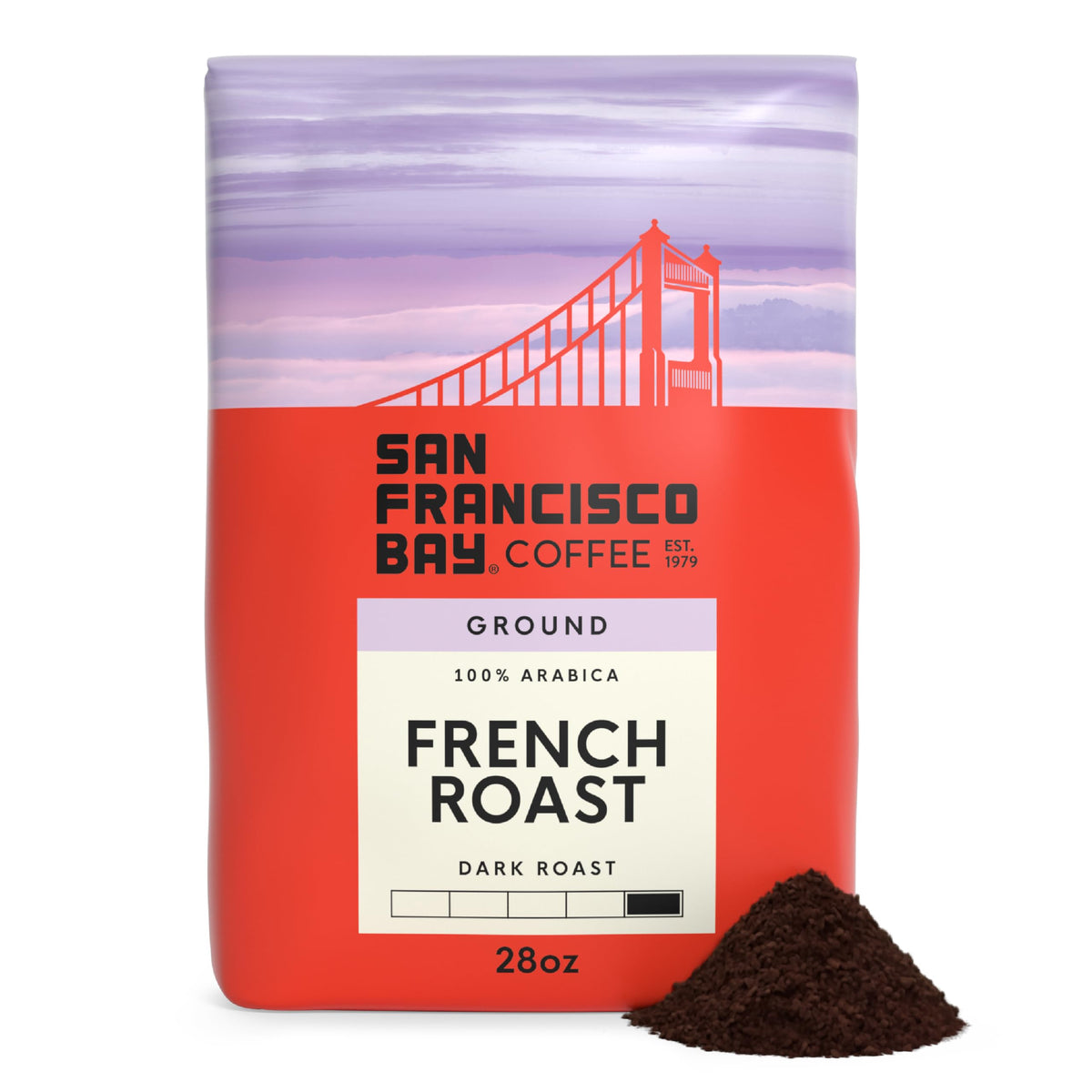 San Francisco Bay ground coffee French Roast bag showcases bold aroma and rich chocolate notes.