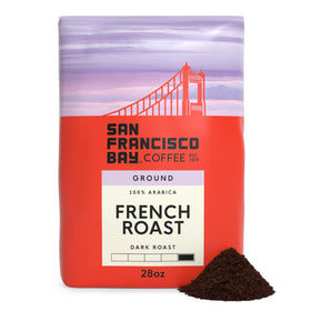 San Francisco Bay ground coffee French Roast bag showcases bold aroma and rich chocolate notes.