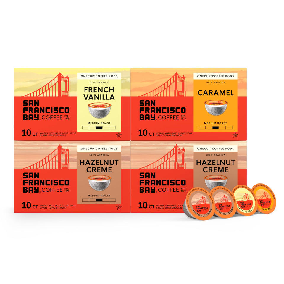 San Francisco Bay K-Cup Flavored Variety Pack 40ct box with three flavors for enjoyable mornings.