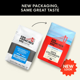 San Francisco Bay medium roast coffee pack highlighting balanced flavor with cherry and citrus notes.