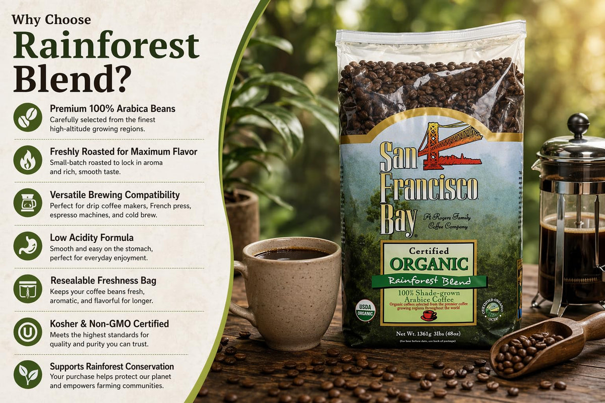 San Francisco Bay Rainforest Blend Arabica beans ready for grinding