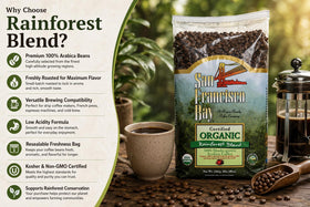 San Francisco Bay Rainforest Blend Arabica beans ready for grinding
