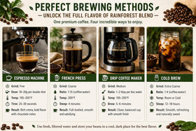 San Francisco Bay Rainforest Blend cup with steam after a balanced brew