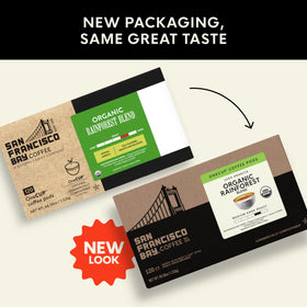 San Francisco Bay Organic Rainforest Blend label on packaging signals organic, responsible choice.
