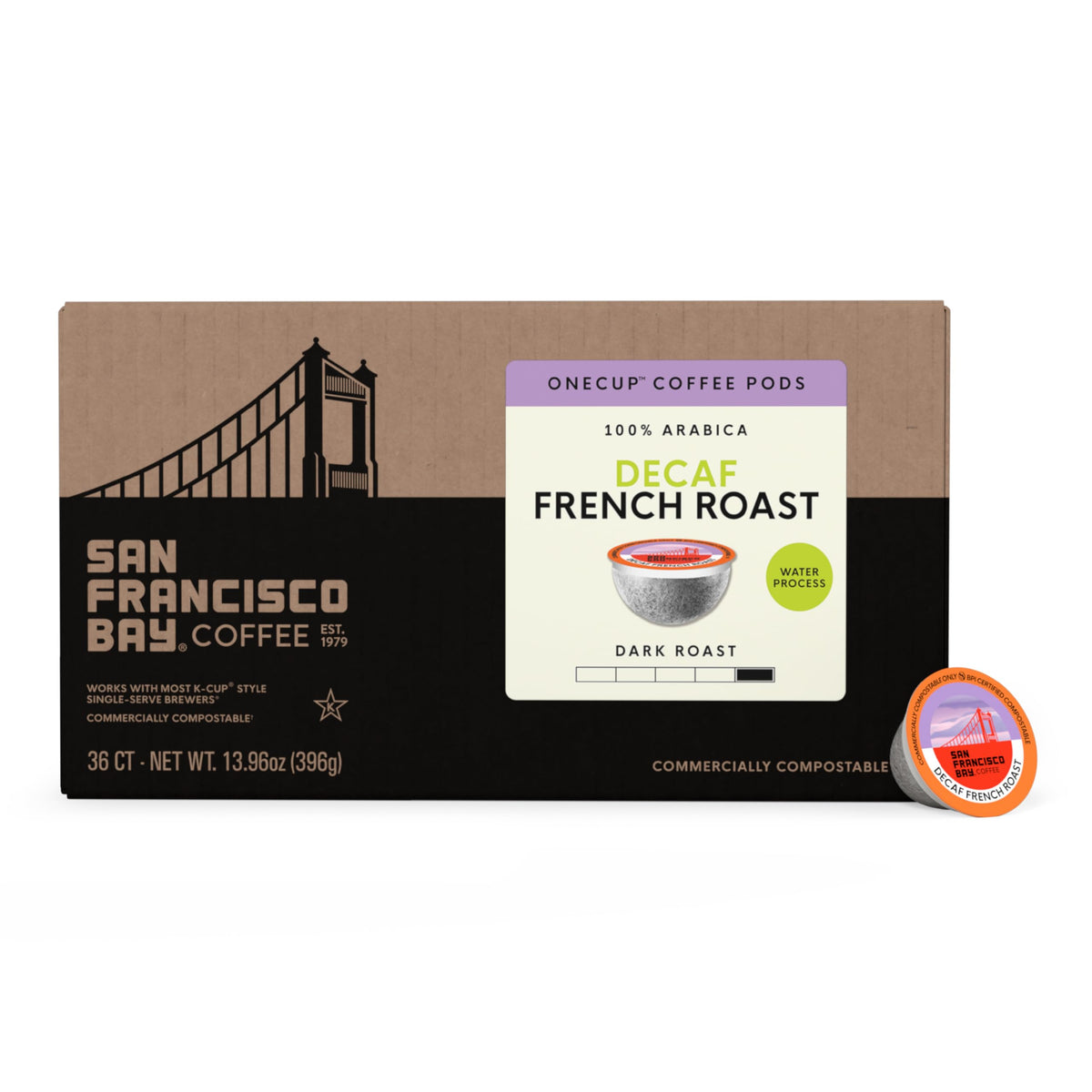 San Francisco Bay Swiss Water process label on packaging, chemical-free decaf promise.