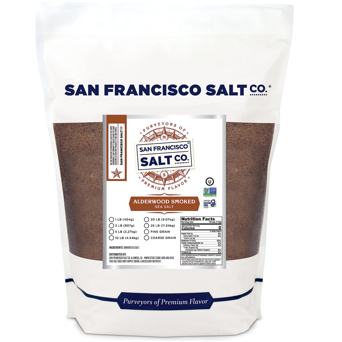San Francisco Salt Alderwood smoked sea salt bottle boosts seafood flavor with clean smokiness.