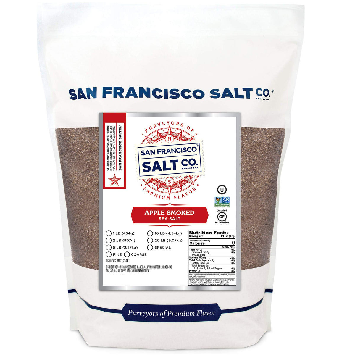 San Francisco Salt Company Applewood Smoked Sea Salt 2lb bag adds subtle campfire flavor.