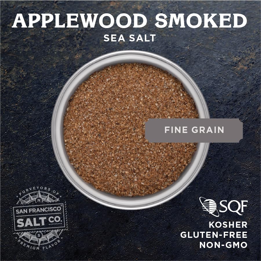 Close-up of fine grains from San Francisco Salt Company Applewood Smoked Sea Salt.