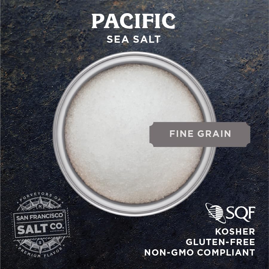 San Francisco Salt Company fine grain sea salt ideal for precise sprinkling.