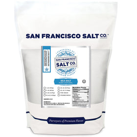 San Francisco Salt Company Gourmet Sea Salt 5 lb bulk, fine grain packaging.