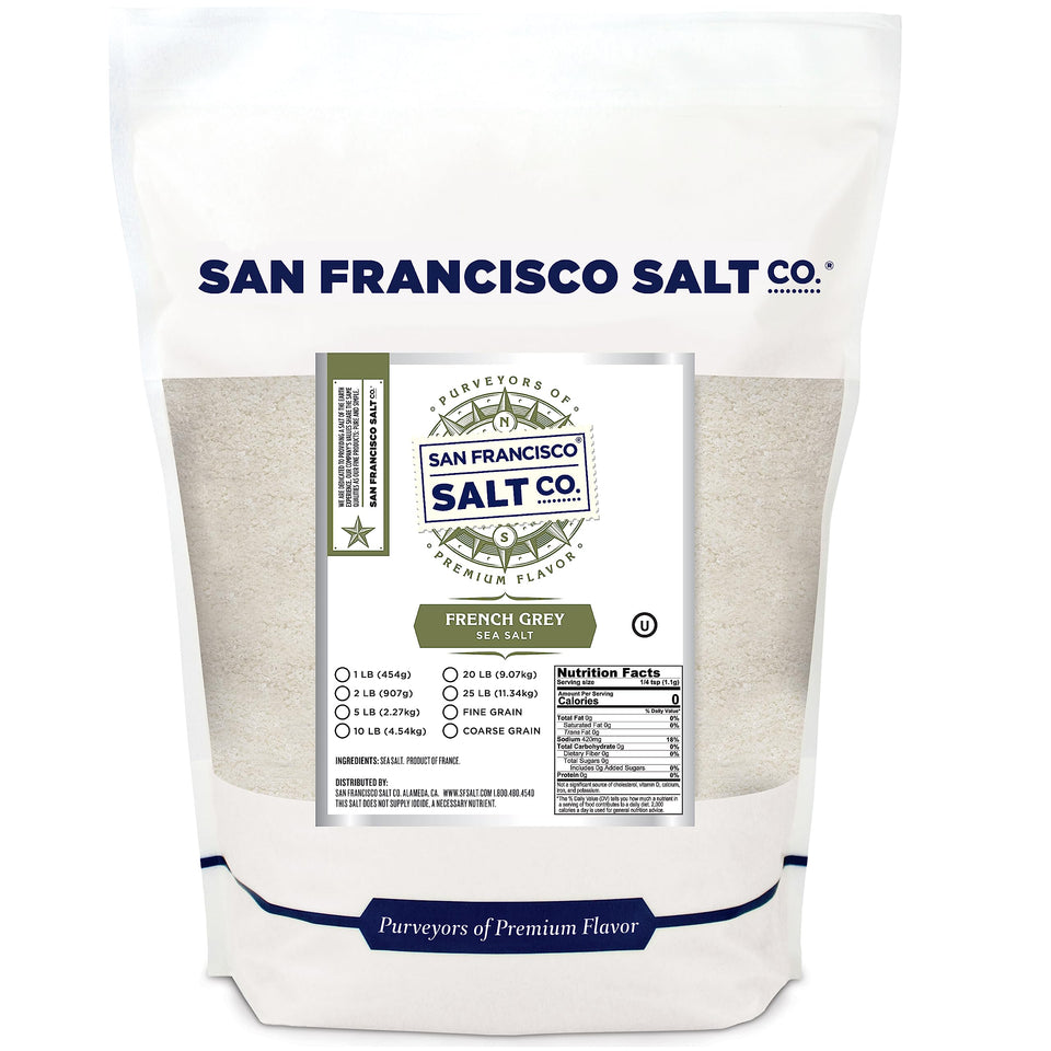 San Francisco Salt Company French Grey Sea Salt 2lb bag, versatile seasoning for meats and seafood.
