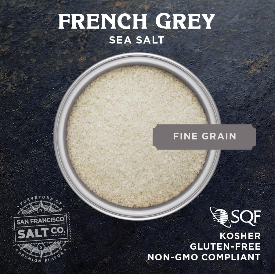 San Francisco Salt Company French Grey Sea Salt, fine grain for delicate finishing on dishes.