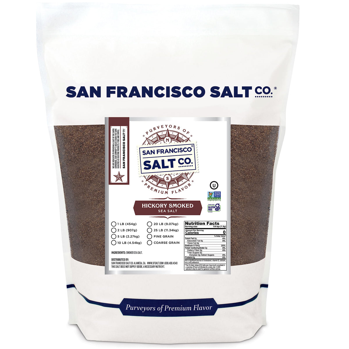 San Francisco Salt Company Hickory Smoked Sea Salt label indicating smoky, grill-ready flavor.