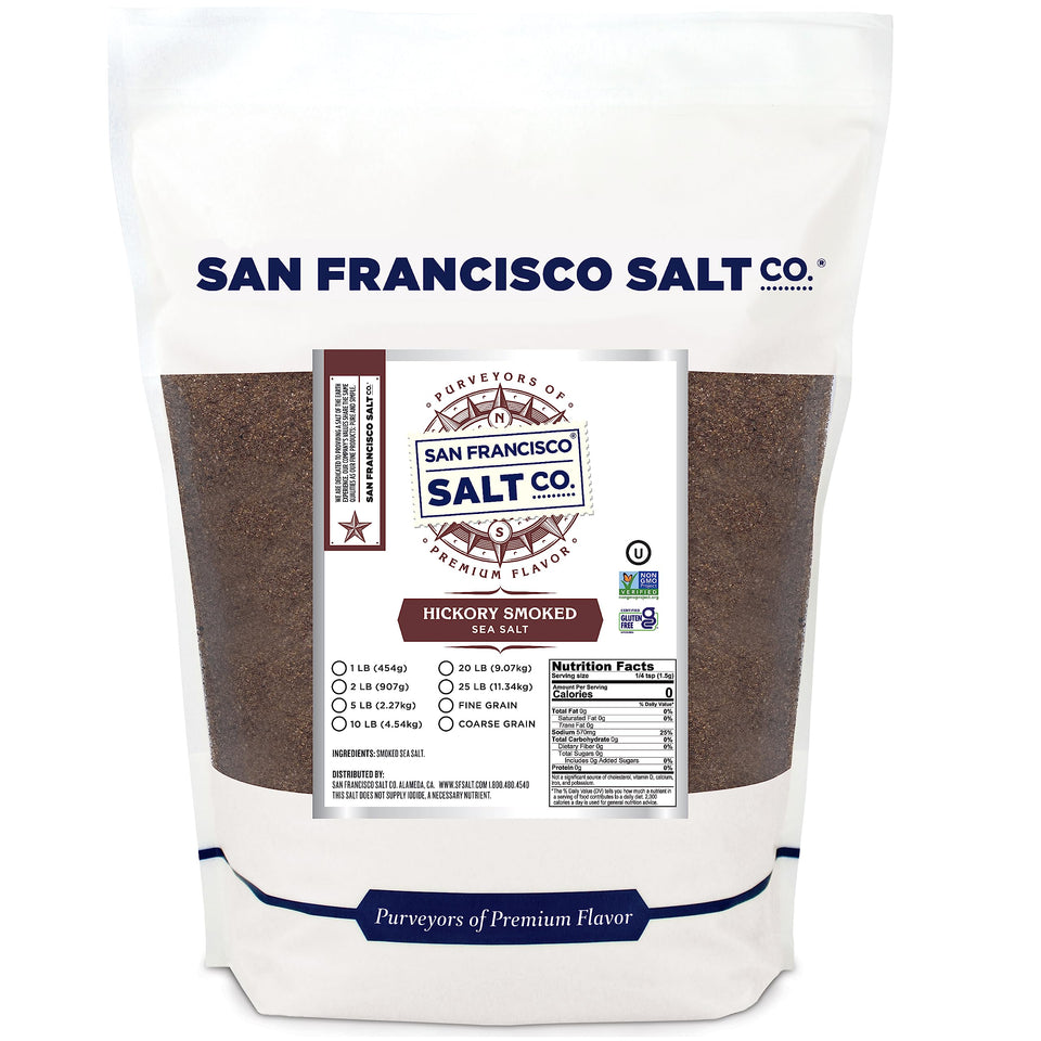 San Francisco Salt Company Hickory Smoked Sea Salt label indicating smoky, grill-ready flavor.