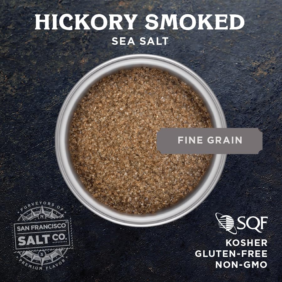 San Francisco Salt Company Hickory Smoked Sea Salt pour shot for seasoning.