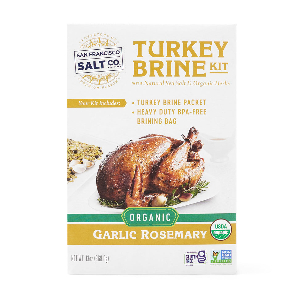 San Francisco Salt Company Organic Turkey Brine Kit Garlic Rosemary bottle for flavorful moisture infusion