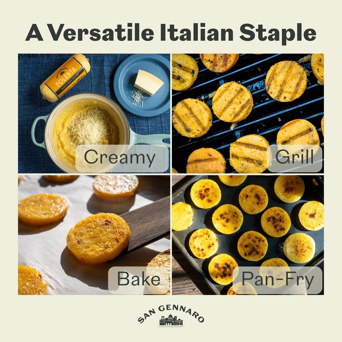 San Gennaro polenta tube pan-fried to crisp edges.